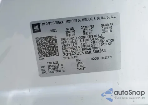 2021 Chevrolet Equinox Awd Lt из США, поврежденный, VIN 3GNAXUEV8ML369264